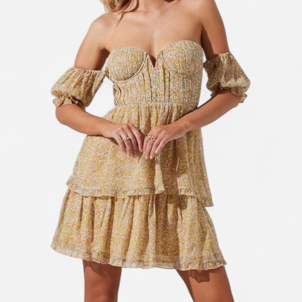 ASTR autumn wedding guest Yellow Floral Mini Dress XS | Coquette Romantic